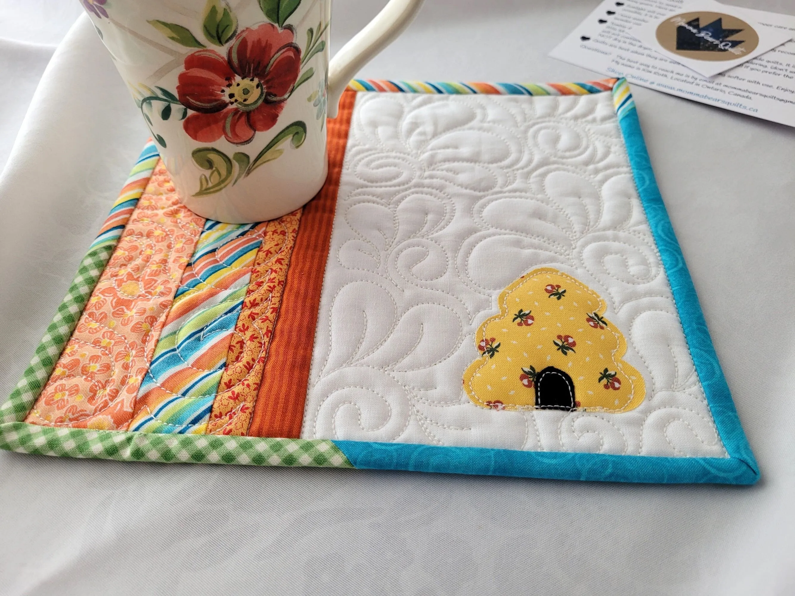 Bee Skep Mini Quilt | Quilted Coaster | Summer Teacher Gift | Bee Mug Rug