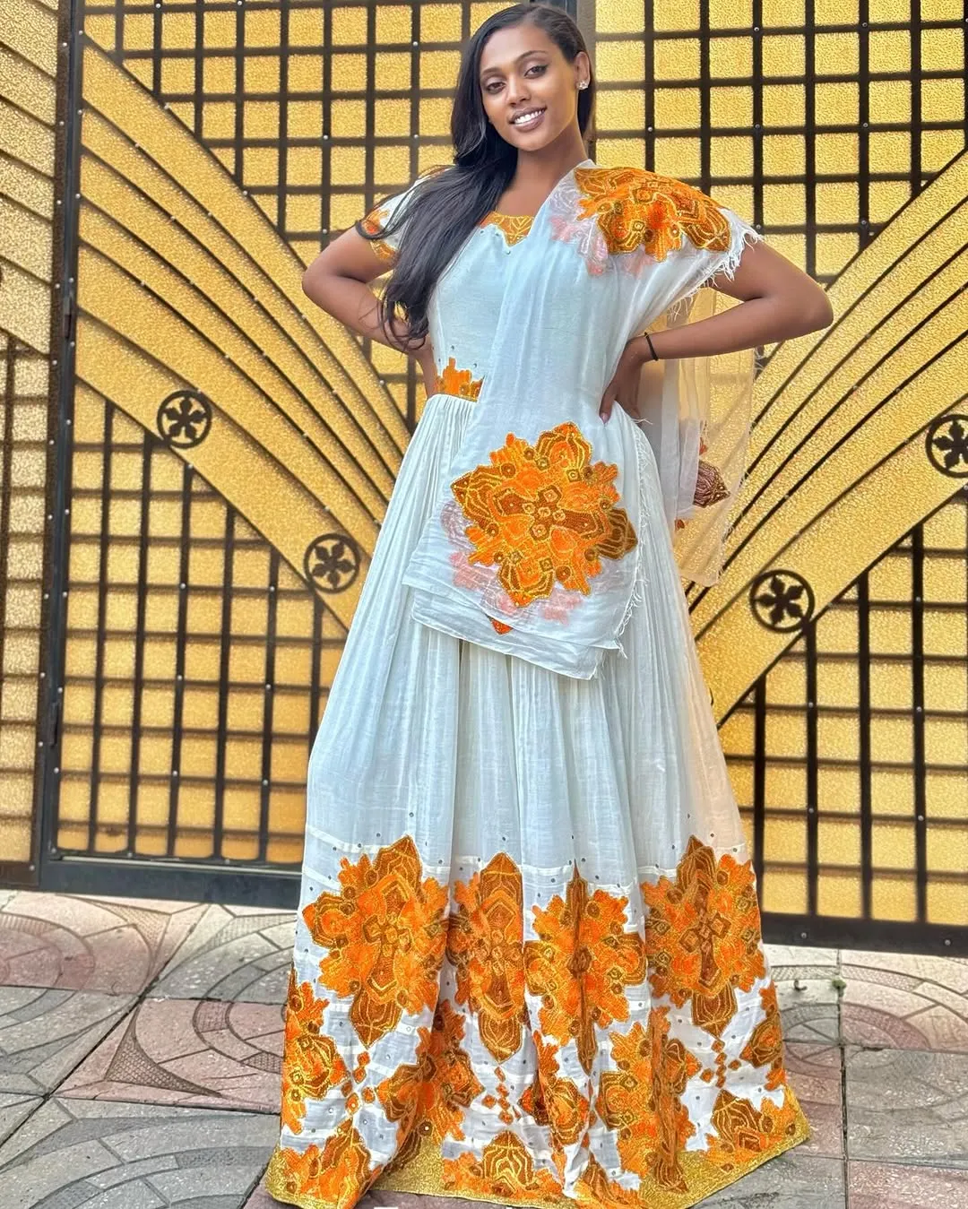 Elegant Orange Traditional Ethiopian Dress: with Diamond Shaped Embroidery Habesha Dress for Church and Holidays Habesha Kemis