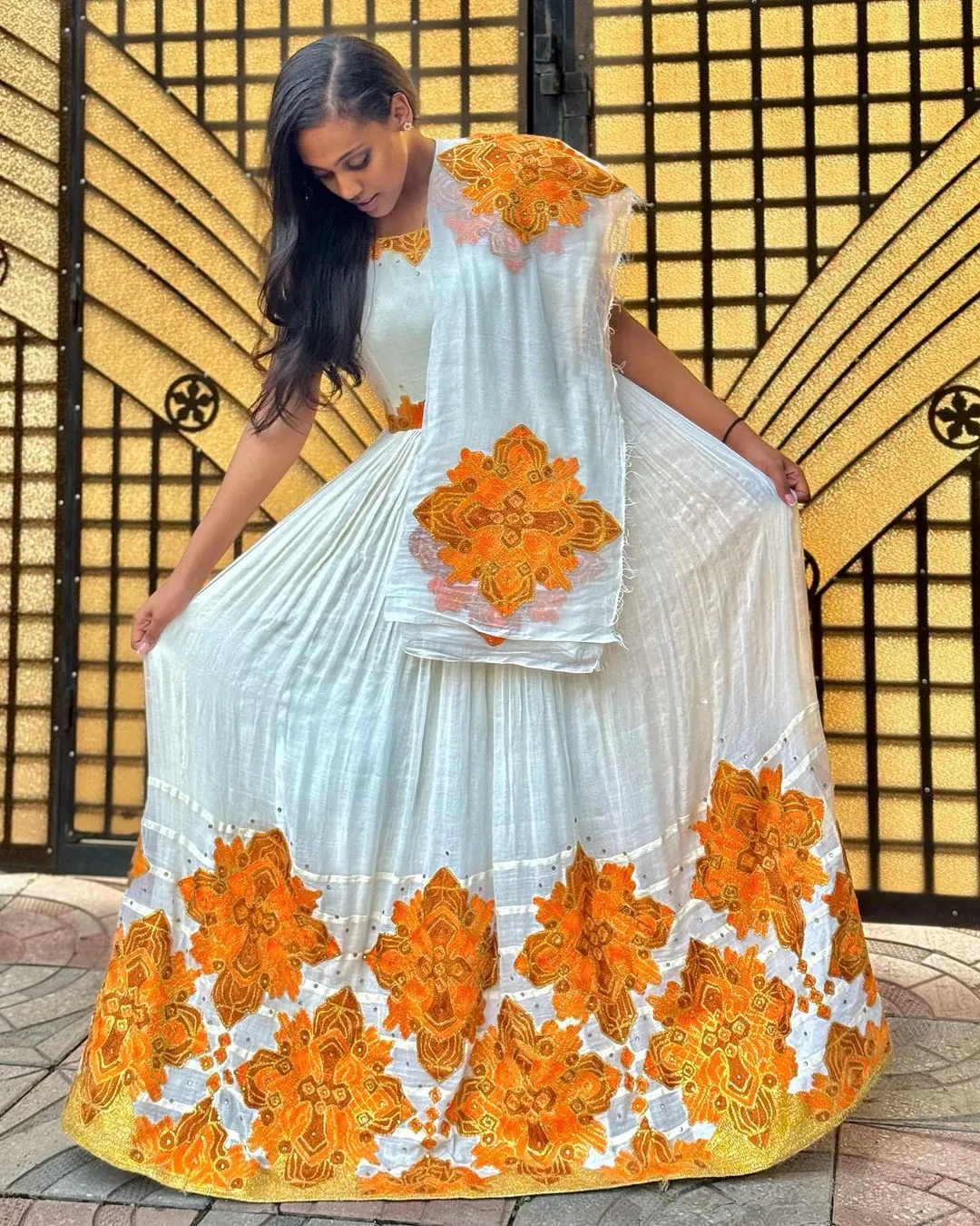 Elegant Orange Traditional Ethiopian Dress: with Diamond Shaped Embroidery Habesha Dress for Church and Holidays Habesha Kemis
