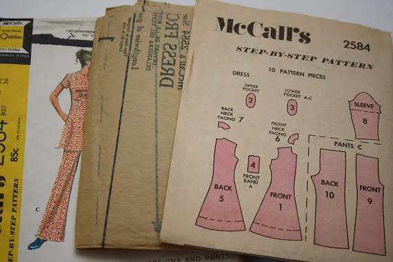 McCall's 2584 Misses Dress in 3 Versions and Pants Vintage 1970's