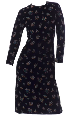 Vintage Mid Century Black Velvet Dress in Multi Color Floral Print