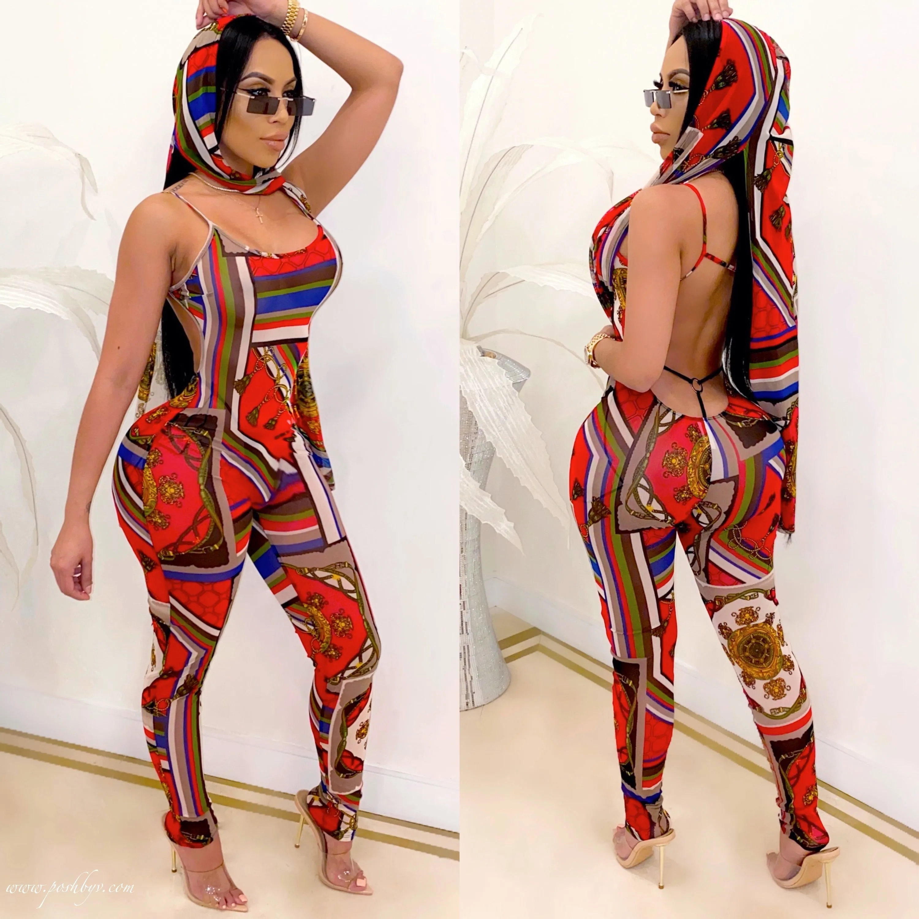 Yona mesh jumpsuit w/Scarf (Red)